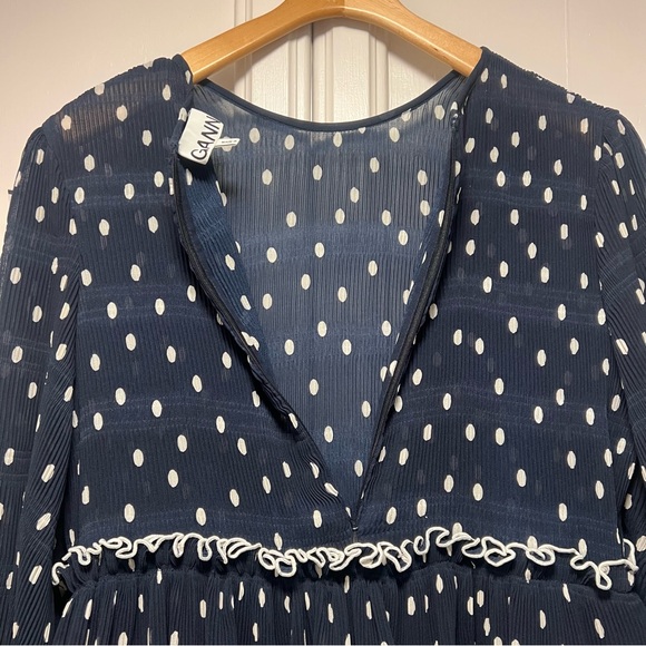 GANNI Lowell Ruffled Polka Dot Dress Navy Blue Midi Size 38 6 US Tiered Evening - Picture 7 of 8